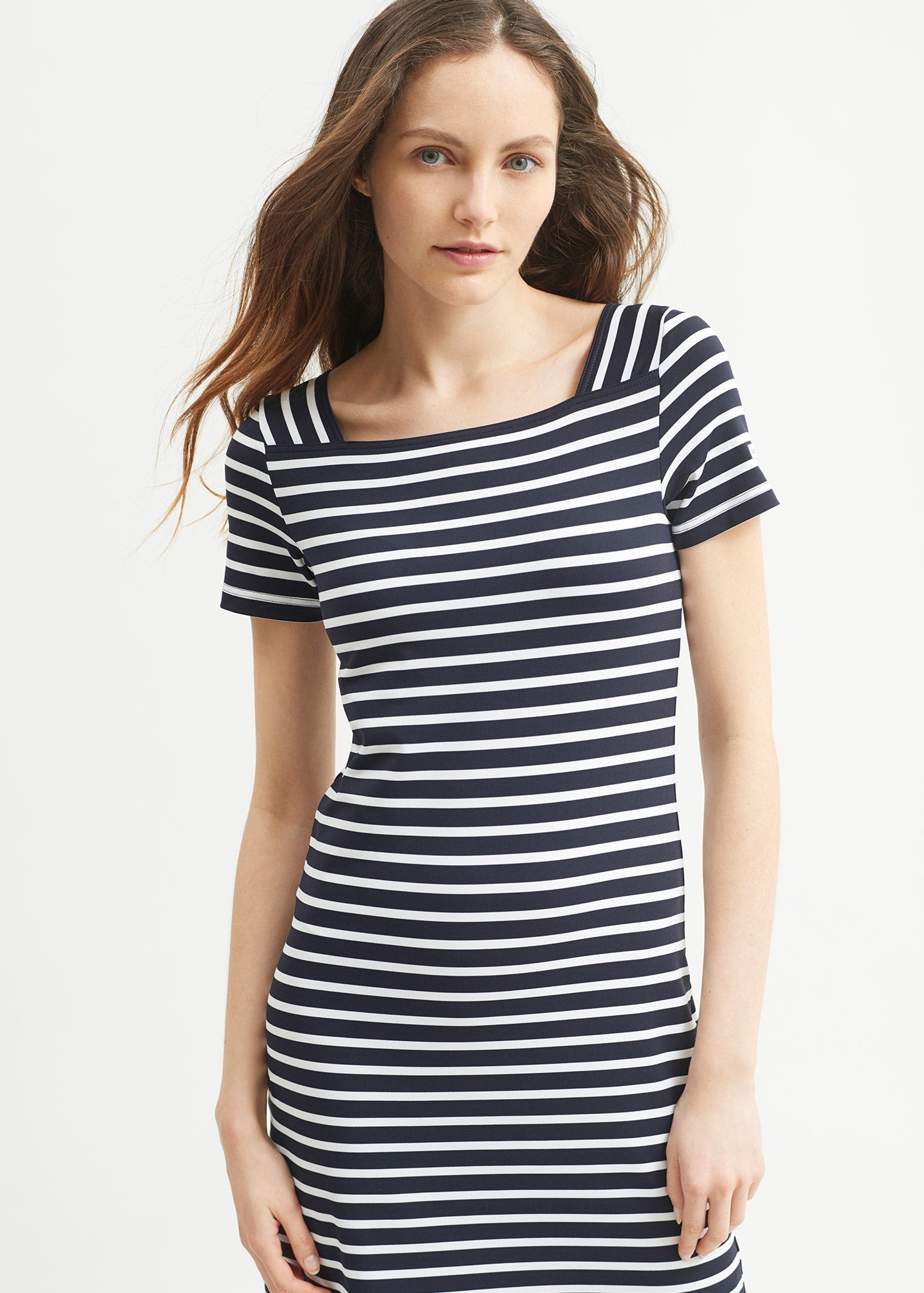Tol¨¨de anti-UV striped dress - square neck, in recycled jersey (NAVY/NEIGE)