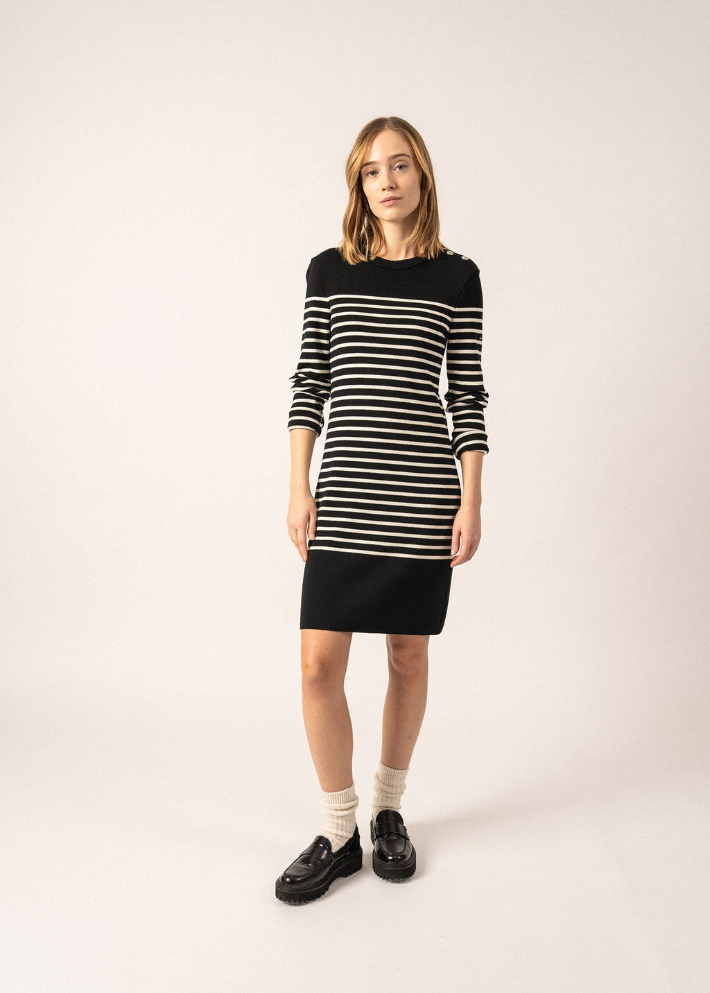 Grande Mar¨¦e striped jumper dress - in wool, shoulder buttoning (NOIR/ECUME)