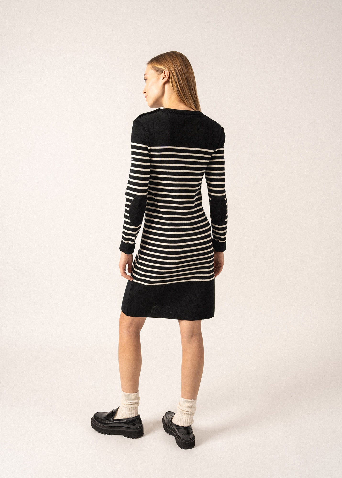 Grande Mar¨¦e striped jumper dress - in wool, shoulder buttoning (NOIR/ECUME)