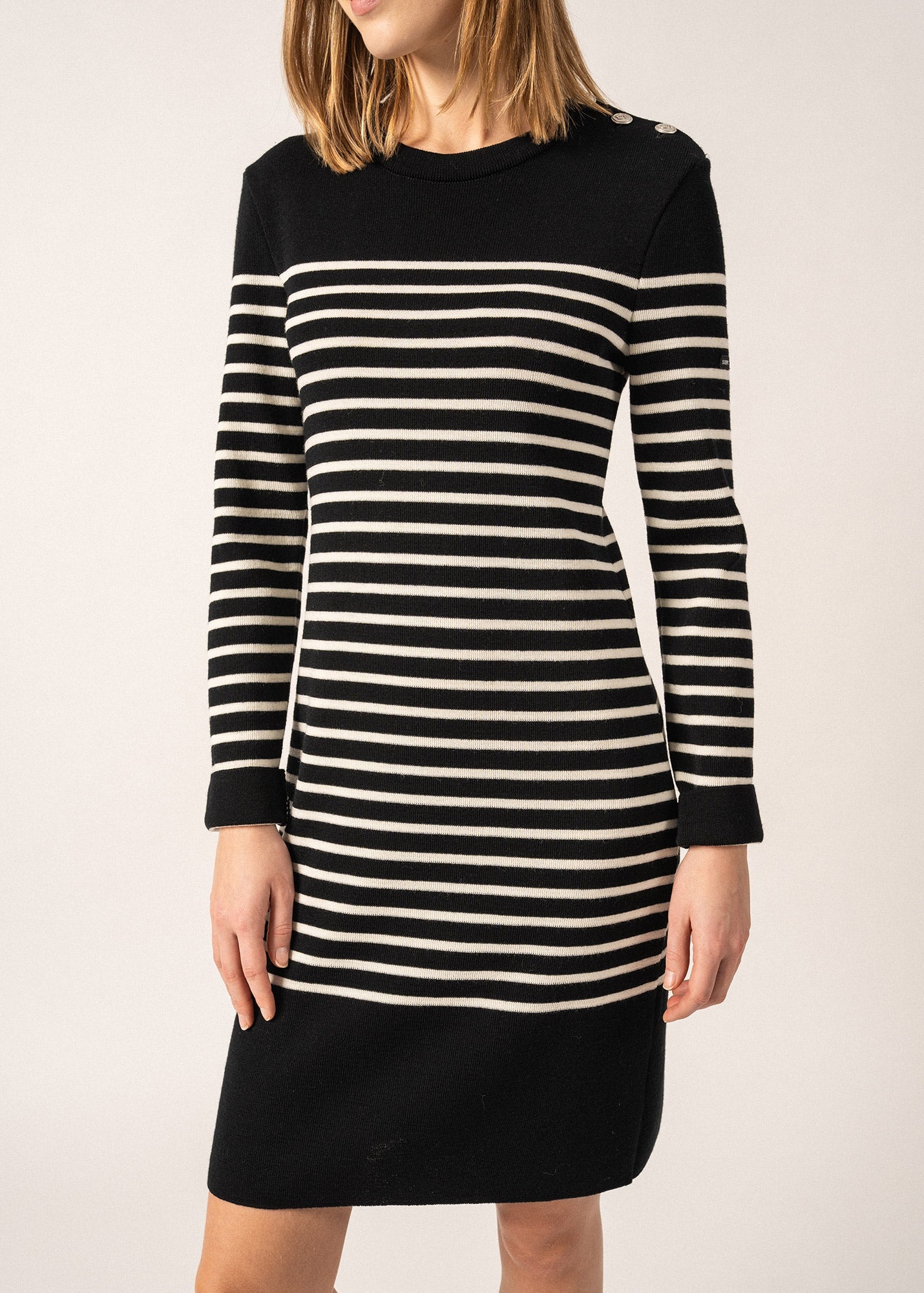 Grande Mar¨¦e striped jumper dress - in wool, shoulder buttoning (NOIR/ECUME)
