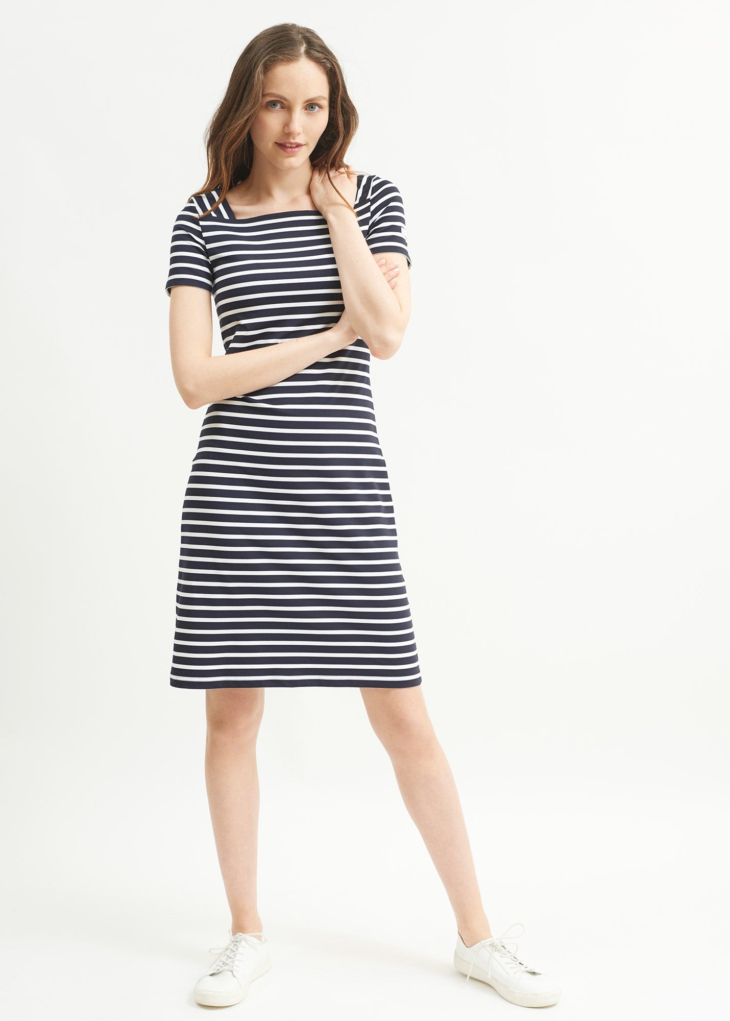Tol¨¨de anti-UV striped dress - square neck, in recycled jersey (NAVY/NEIGE)